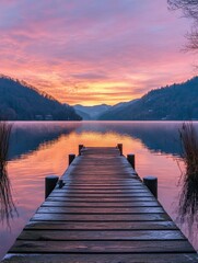 Fototapeta premium Peaceful sunrise over a tranquil lake with a wooden dock in the foreground