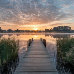 Obraz premium Serenity at dawn with a wooden dock extending into a calm lake