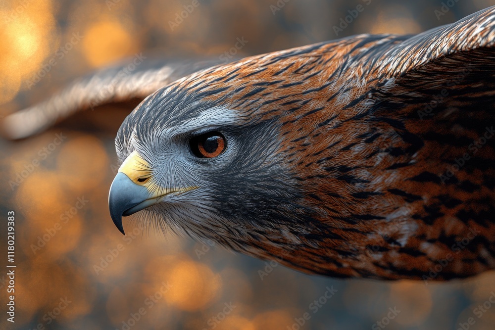 Poster a close-up view of a bird of prey's face, with sharp eyes and feathers