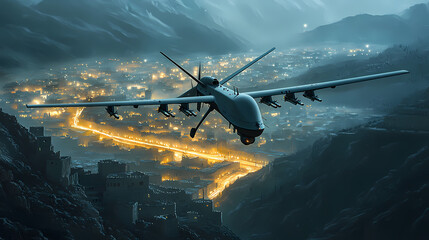 Fototapeta premium Vista satellitare di un drone militare che sorvola una zona di guerra, operazioni di guerra, visione notturna. target militare. operazione sotto copertura. rilievi montuosi. Ivorylight. Illustration