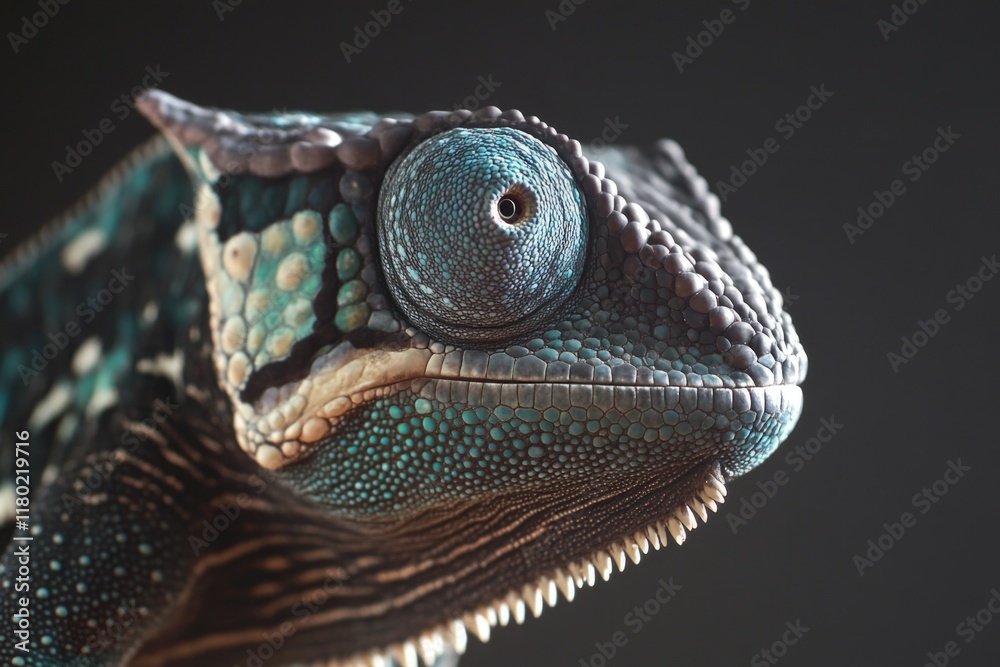 Poster Close-up shot of a chameleon's face with distinctive markings and features