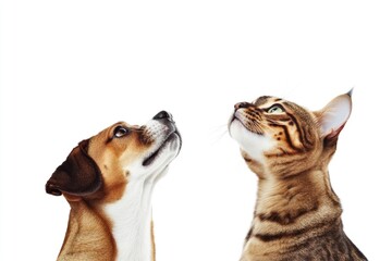 Two pets, a dog and a cat, standing on their hind legs and looking upwards