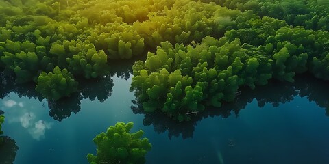 An aerial view of a lush mangrove forest with a narrow waterway running through it The trees are a vibrant green and the water is a deep blue
