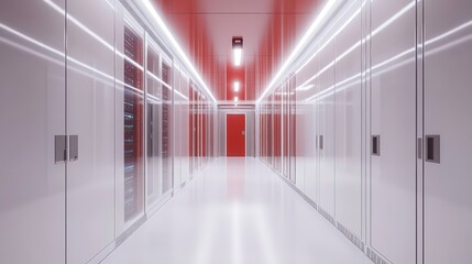 Modern data center corridor showcasing organized server racks in a clean, bright environment, ideal for technology-related visuals.
