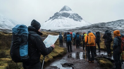 Hikers with gear journey across a snowy landscape, gazing at a distant, majestic mountain shrouded in mystery.