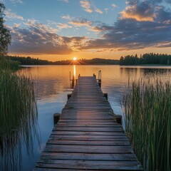 Obraz premium Stunning sunset over serene lake with wooden dock and reflections in water