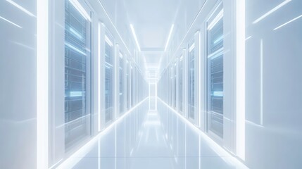 Modern data center corridor showcasing organized server racks in a clean, bright environment, ideal for technology-related visuals.