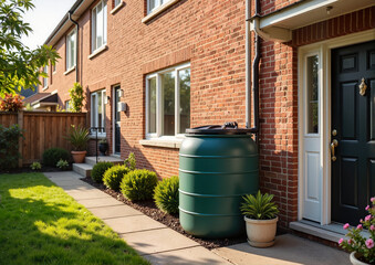 Naklejka premium Green Rain Barrel Near a Front Yard Entrance