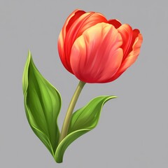 A single red tulip growing amidst green leaves on a gray background