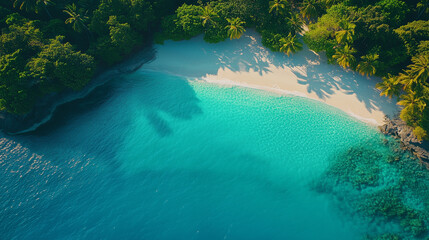 Explore the serene beauty of a tropical beach with turquoise waters and lush palm trees at sunrise