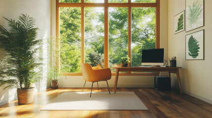 Bright office space with modern desk and computer overlooking a lush green view through large windows