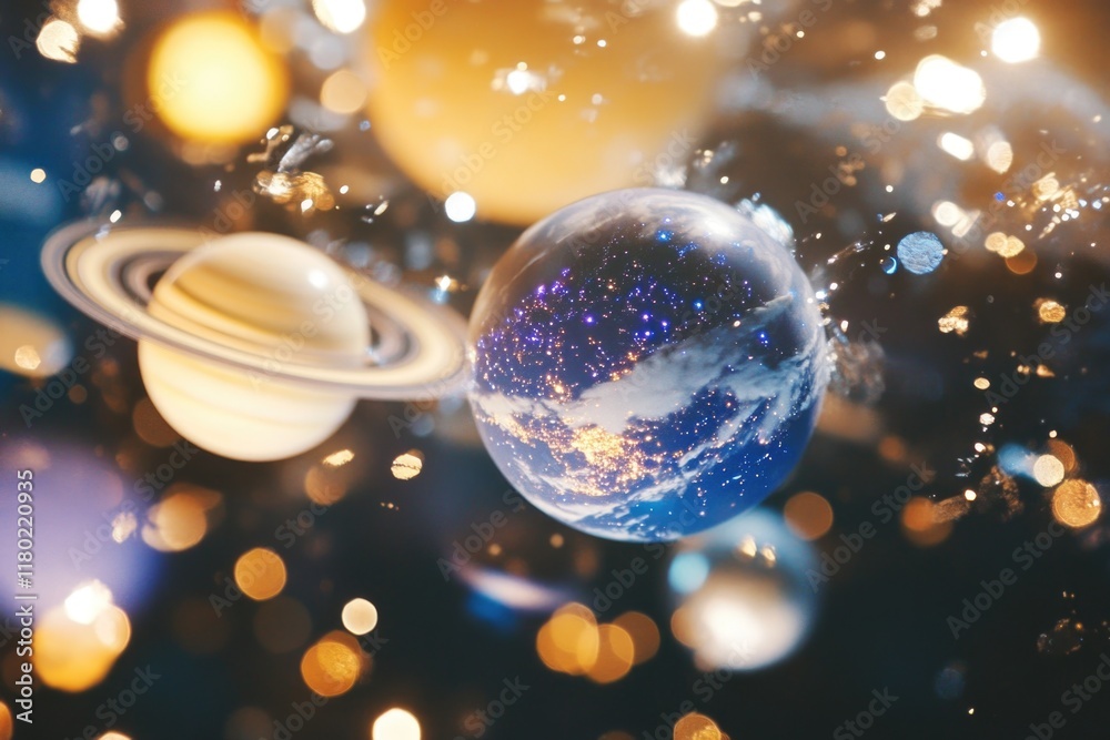 Poster A picture of a space scene with multiple planets and stars, suitable for use in illustrations about astronomy or science