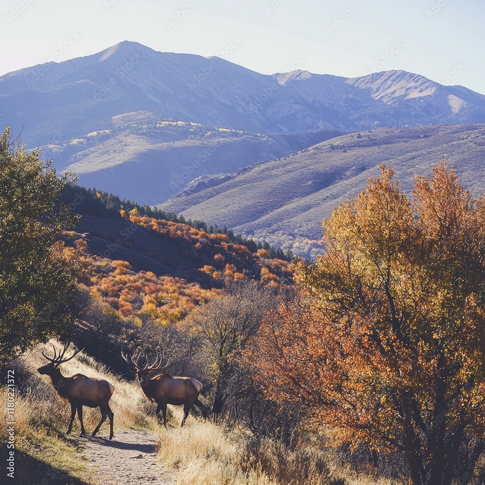 Poster a group of elk making their way along a dirt path, likely in a rural or wilderness setting