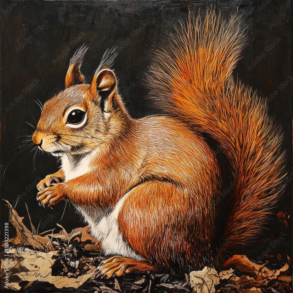 Poster a close-up view of a squirrel resting on the ground, with its tail and legs visible