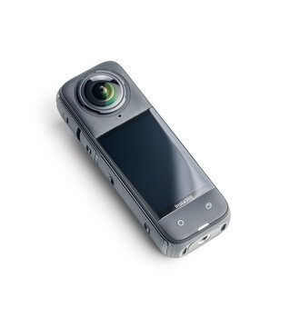 360 angle camera. Insta360 X4 isolated on white background.