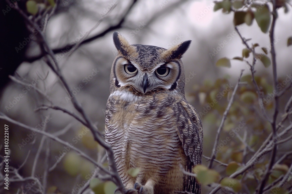 Poster an owl perched on a tree branch in a natural environment
