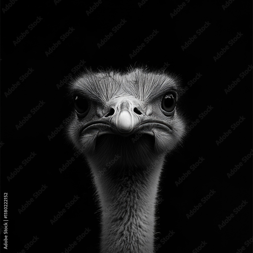 Poster a close-up of an ostrich staring directly at the viewer, set against a black background