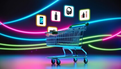 Abstract application software icons on shopping cart against neon lines background, business concept, shopping online concept , business idea