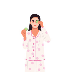 Vector illustration of a girl doing a beauty routine. Cartoon scene of a girl taking care of herself, with a mask on her face, cucumbers on her eyes,dressed in pajamas,isolated on a white background.