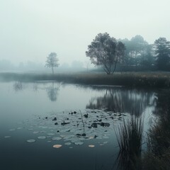 Fototapeta premium Misty morning reflections over a tranquil lake surrounded by trees