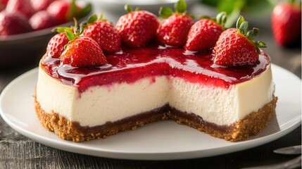 Strawberry cheesecake with glossy topping and smooth lines on modern plate surrounded by minimal greenery