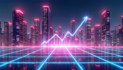Fototapeta premium Neon cityscape at night with an upward trending graph. A vibrant, futuristic scene depicting growth and progress in a modern urban setting.