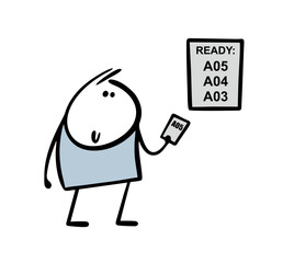 Man is standing in line and holding  ticket with queue number. Cartoon vector illustration,  electronic scoreboard shows who goes to the next code to the doctor or to the post office. 