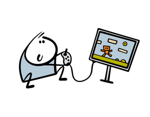 Hand drawn child is playing  retro computer game on  TV. Vector illustration of nostalgia for childhood. Funny boy controls the joystick. Isolated sitting cartoon character on white background.