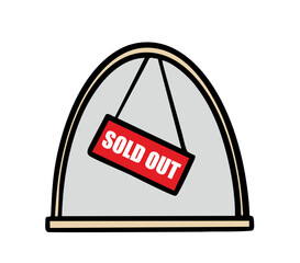 Cartoon window of the ticket office at the train station, cinema or theater. Vector illustration of sign and  inscription. All tickets are sold out. Isolated doodle object on white background.