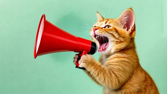 A young orange kitten holds a red megaphone, seeming to shout. The bright green background enhances the playful and attention-grabbing scene, symbolizing communication or making one's voice heard.