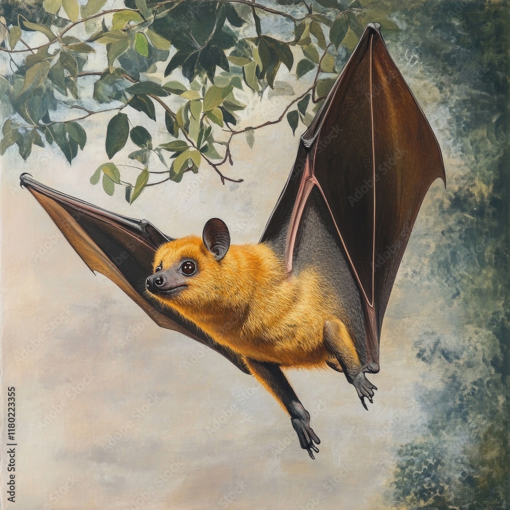 Aufkleber a close-up view of a bat resting on a tree branch, its wings folded