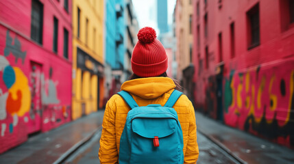 Obraz premium Urban exploration in vibrant graffiti alley with colorful walls and a solitary figure wearing a beanie