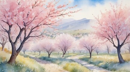 Serene watercolor landscape featuring blooming cherry blossoms and mountainous background