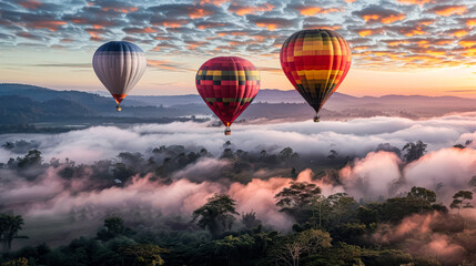 Fototapeta premium Group of hot air balloons are flying over a misty forest.