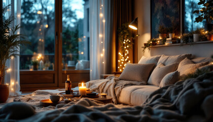Cozy modern living room night with a large window, a lit candle, and a lit wine bottle on a table.