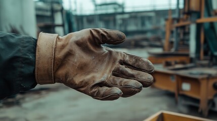 Obraz premium A weathered glove extends open, evoking themes of labor, readiness, and the human touch in a rugged industrial setting.