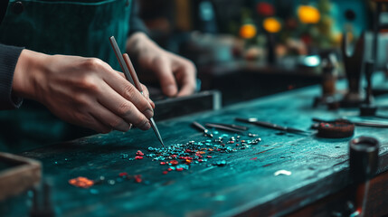 Creating vibrant handmade jewelry at a cluttered workbench with tools and colorful materials