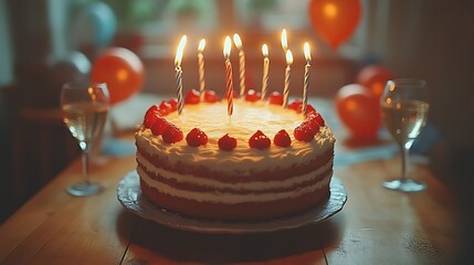 Birthday cake with candles and champagne.