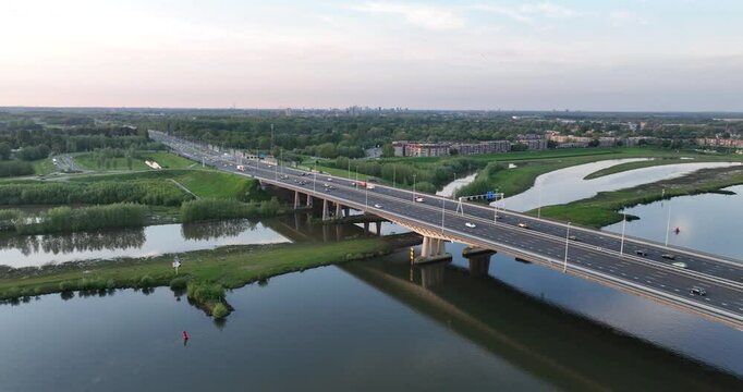 Aerial view on A2 highway and bridge, infrastrucutre in The Netherlands