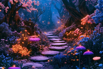 Obraz premium A path in the middle of a forest filled with flowers and mushrooms