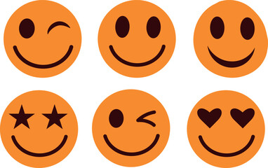 Set of orange emoticons icons featuring happy smiling faces and winking faces. For stickers and social media