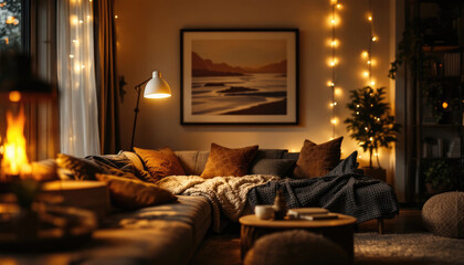 Cozy modern living room night with a fireplace, a framed landscape painting, and string lights creating a warm and inviting atmosphere.