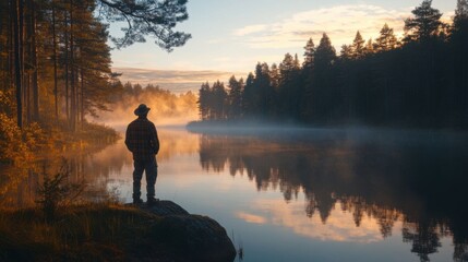 Fototapeta premium A fisherman enjoys a misty morning.