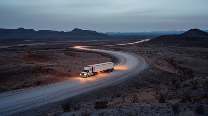 Fototapeta premium A lone truck navigates a winding road through an expansive desert landscape, its headlights cutting through the early twilight as mountains loom in the distance.