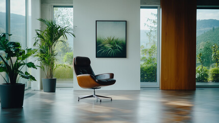 Modern office featuring clean lines, white walls, and minimalistic decor with a stylish chair and greenery