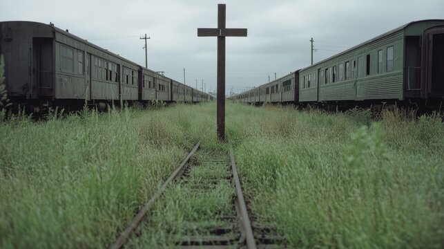A solitary cross stands at a railway's center, surrounded by weathered train cars and overgrown grass, creating a poignant scene of reflection and remembrance.
