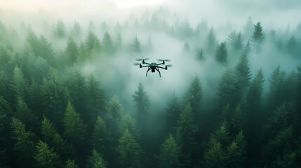 Drone flying over forest to capture aerial footage. generative ai. Ivorylight. Illustration