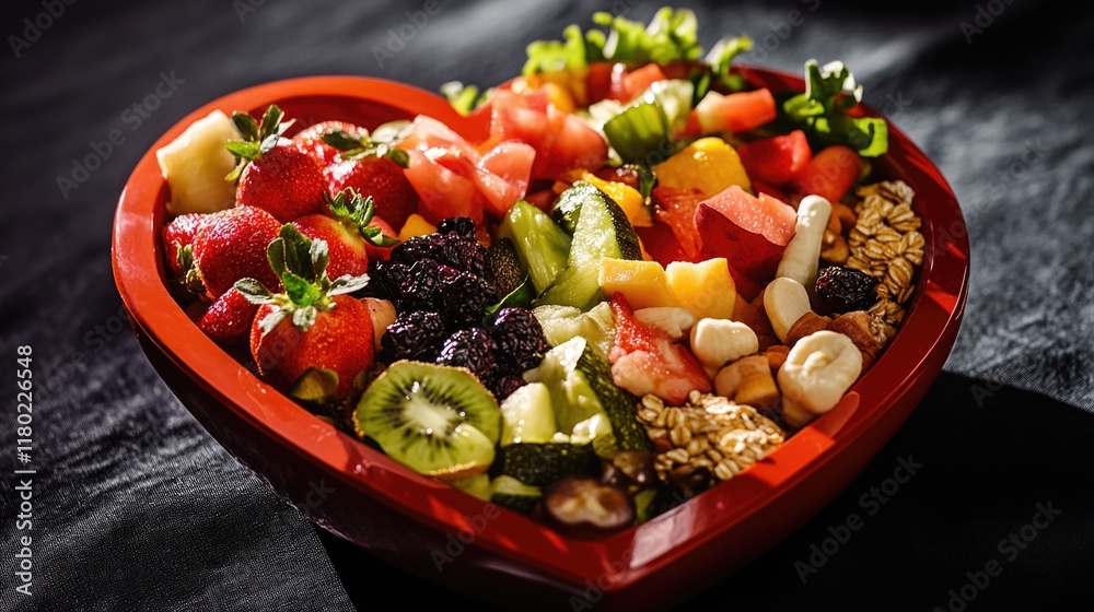 Poster fresh fruit and nuts arranged in a heart-shaped bowl, perfect for snacking or serving at a party