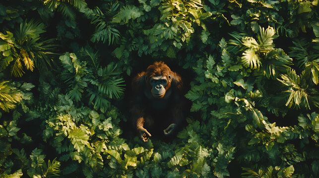 Drone shot of a gigantopithecus in a dense forest, copy space, natural lighting. Ivorylight. Illustration