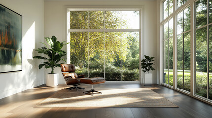 Bright office space with large windows and clean lines showcasing natural light and minimal design